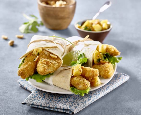 Wraps de cabillaud croustillant en goujonnettes et sauce ananas