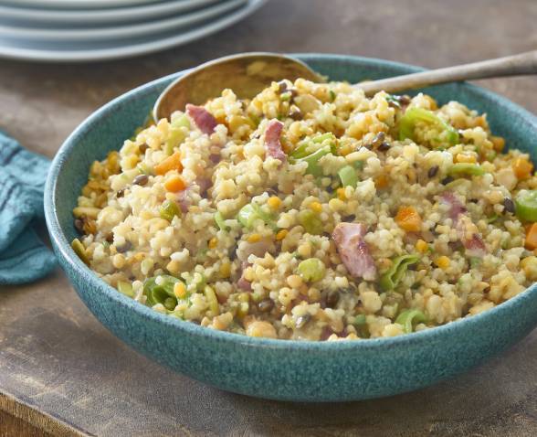 Risotto aux Lentilles et Pois Gourmands, légumes et lardons fumés