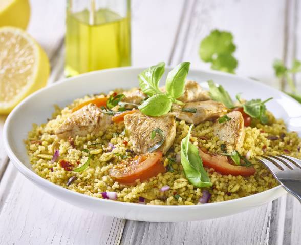 Salade de Céréales Méditerranéennes et poulet au basilic