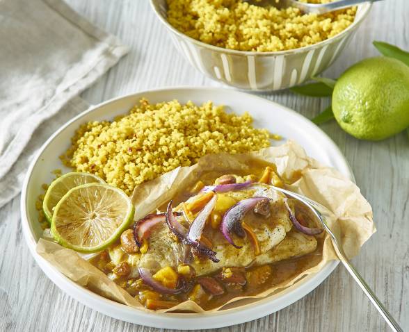 Couscous Parfumé et papillotes de poisson, sauce façon Tajine