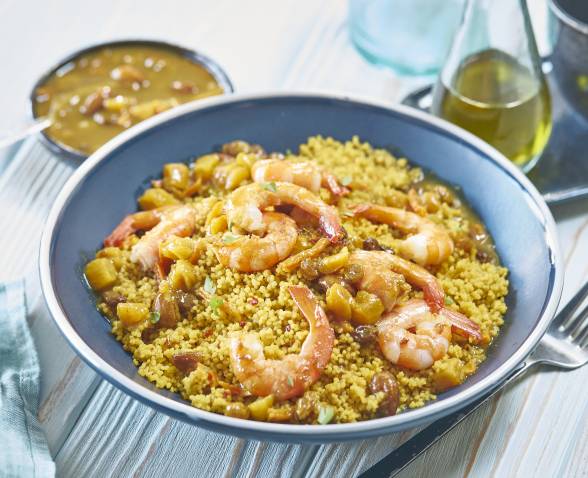 Poêlée de crevettes sauce façon Tajine et Couscous Parfumé