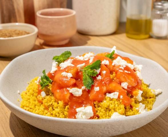 Couscous parfumé, feta et crevettes