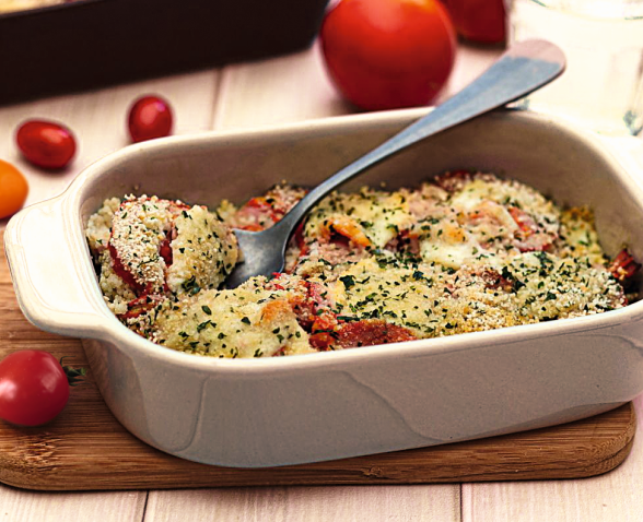 Gratin de Semoule de Riz aux tomates cerises, chorizo et comté