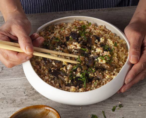 Poêlée d’aubergine Teriyaki et Épeautre gourmand à la coriandre fraîche