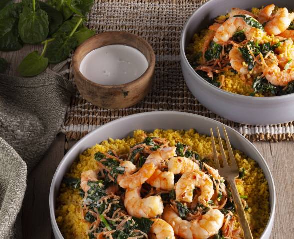 Crevettes rissolées et petits légumes au couscous
