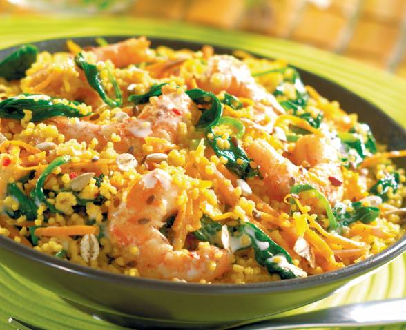 Crevettes rissolées et petits légumes au Couscous Epices Douces TIPIAK